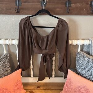 SHEIN Brown Long Sleeve Tie-Back Crop Blouse